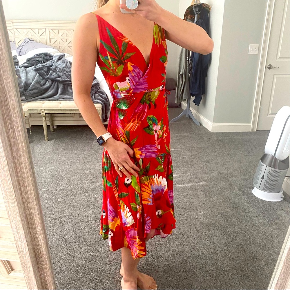 Farm Rio tropical red floral midi wrap dress with asymmetrical hem macaw